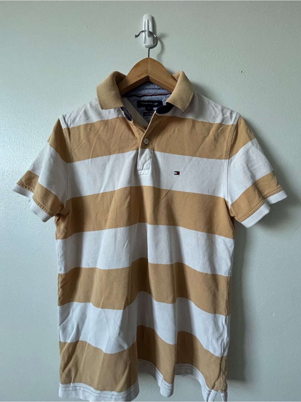 Tommy Hilfiger Tan and White Wide-Stripe Polo